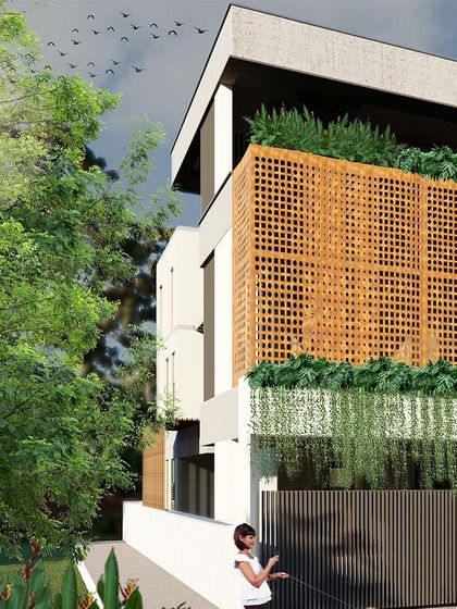A design option for a residence in JP Nagar, featuring a wooden jaali screen that provides privacy and shade for the upper floor. The facade is softened by creepers and planters integrated into the boundary wall.