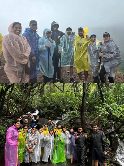 From posing in raincoats on the misty peak to having fun by a forest stream, this collage captures the varied and joyful moments of our Netravati trek.