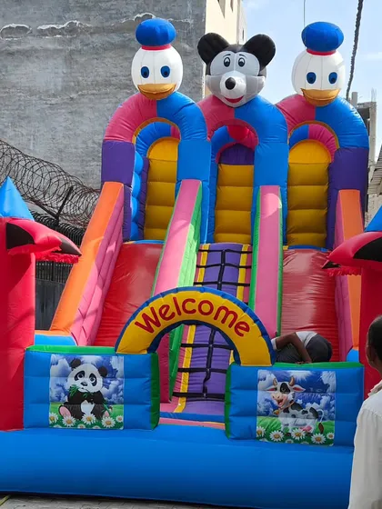 A 3-slider bouncy with panda and cow artwork, demonstrating the variety of graphic panels we can add to our standard models.