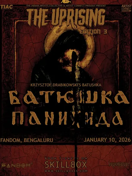 The official poster for Batushka's live performance in Bengaluru, part of 'The Uprising' series, promising a dark and ritualistic show.