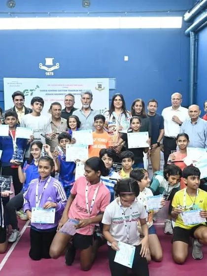 A moment of collective achievement at the Yonex Sunrise Gautam Thakkar Memorial Championship. This large group of winners and participants showcases the scale of the state-level junior badminton events we organize.