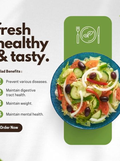 This graphic highlights the benefits of eating fresh salads, from maintaining weight to supporting digestive health. The salad shown is a mix of fresh greens, cucumbers, tomatoes, and olives.
