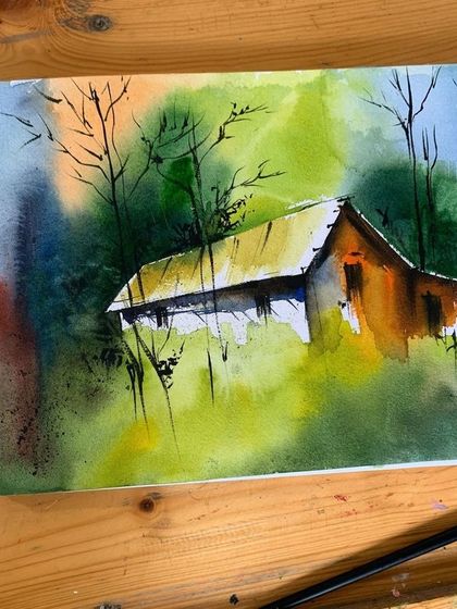 This student's watercolor painting shows a marvelous use of color theory and the wet-on-wet technique, creating an effortlessly beautiful and atmospheric landscape.