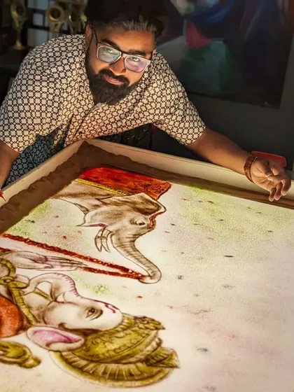 Another angle of my Ganpati sand art, showing the intricate details and use of colored sand.