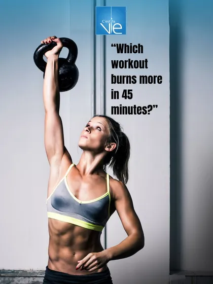 Which workout burns more in 45 minutes? This post, featuring a member in a kettlebell overhead hold, prompts you to think critically about workout efficiency, a key part of training smart.