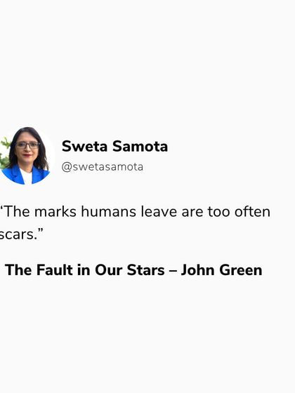 A tweet-style graphic with a quote from The Fault in Our Stars: "The marks humans leave are too often scars." Writing can turn those marks into meaning.