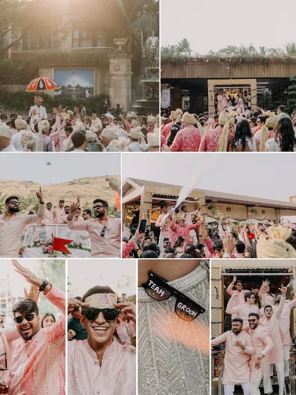 The groom's squad, 'Team Groom', bringing all the energy to the baraat. I plan for fun props and moments like these to make the procession a party.
