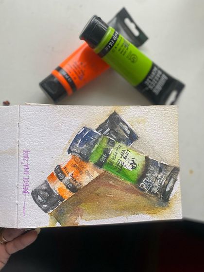 A quick watercolor sketch of my acrylic paint tubes. I guess you can call this a mixed media piece in spirit. A fun little study of the tools of my trade.