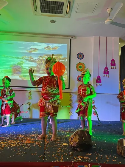 Students dressed as Lord Rama's 'vanar sena' perform a scene from the Ramayana, bringing the epic tale to life with their energy.