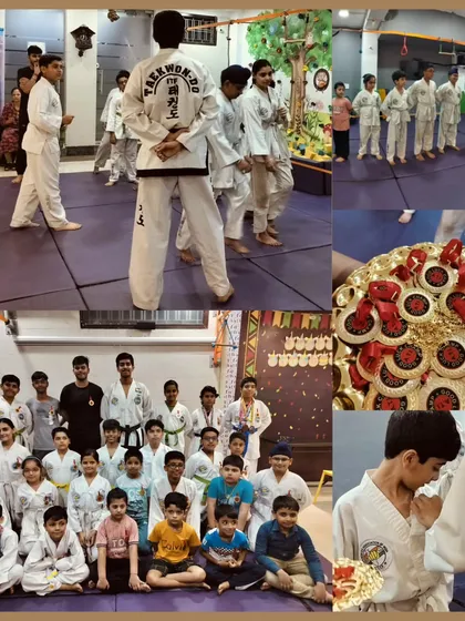 This collage captures the spirit of my Taekwondo workshop. You can see the kids learning stances, celebrating with their medals, and working together as a team, building discipline and respect.