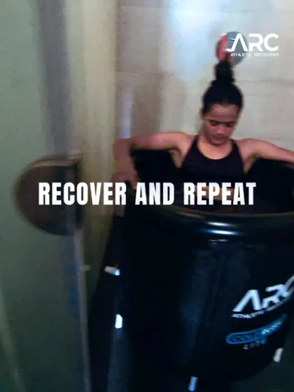 Train with purpose. Take it into the game. Recover and repeat. This image of an athlete in an ice bath captures the cycle of high performance, where recovery is as crucial as the training itself.