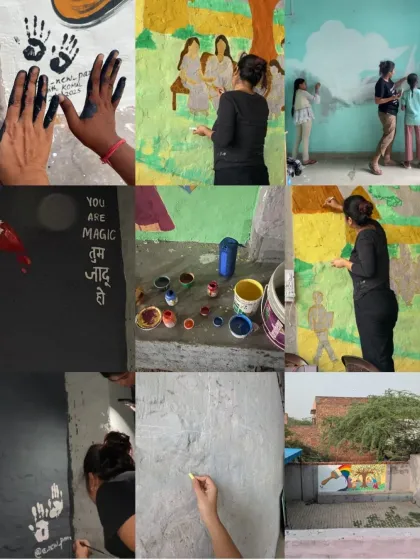 This collage is a window into the mural project at a Children and Youth Resource Center in Sonipat. It shows different moments of the process, from painting handprints and writing affirmations like 'You are Magic, तुम जादू हो', to collaborating with the local children. Each small image is part of a larger story of turning plain walls into spaces of imagination and belonging.