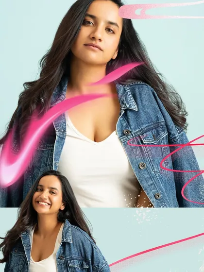 A creative composite portrait of Urooj Ashfaq, blending a confident pose with a joyful smile to show different facets of her personality in one dynamic image.