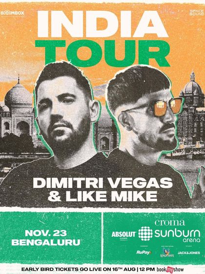 The official India tour poster for Dimitri Vegas & Like Mike, with a cool, retro design that builds hype for their Bengaluru show.