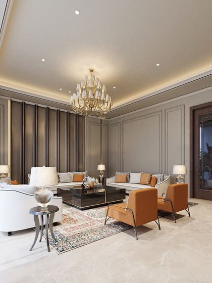 A wide shot of a formal living room concept, showcasing the balance between neoclassical wall details, a grand chandelier, and modern furniture. The space feels both timeless and contemporary.