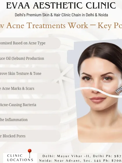 A breakdown of how our acne treatments work, focusing on key actions like reducing sebum production, fading acne marks, killing bacteria, and clearing blocked pores.