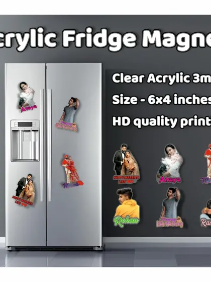 Turn your photos into high-quality acrylic fridge magnets. These are made from clear 3mm acrylic and printed in HD. I can create them in any shape based on your photo, perfect for birthdays, weddings, or just capturing a fun memory.