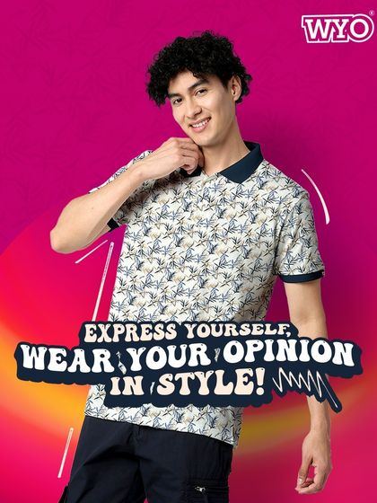 "Express yourself, wear your opinion in style!" A model wearing a printed polo shirt, showing how you can set trends.