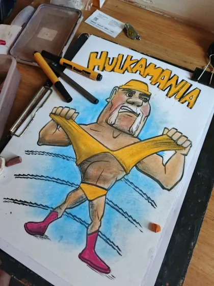 The finished Hulk Hogan caricature. This piece combines bold line work with soft pastel shading for the background, creating a dynamic and powerful image.
