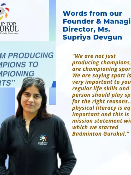A quote from our Managing Director, Supriya Devgun, explaining our mission. We focus on championing sports for life skills, not just producing champions.