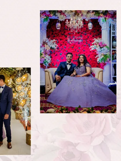 A fairytale moment at Mohan Banquets. This couple is framed by a stunning wall of red roses, accented with white floral arrangements and an elegant chandelier for a touch of classic romance.