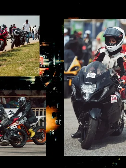 A collection of moments from the strip, featuring female riders, intense head-to-head bike races, and a lineup of superbikes ready for battle.
