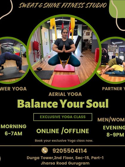 We offer a variety of yoga styles to help you balance your soul. This flyer shows our morning and evening batches for Power, Aerial, and Partner Yoga, with both online and offline options available.