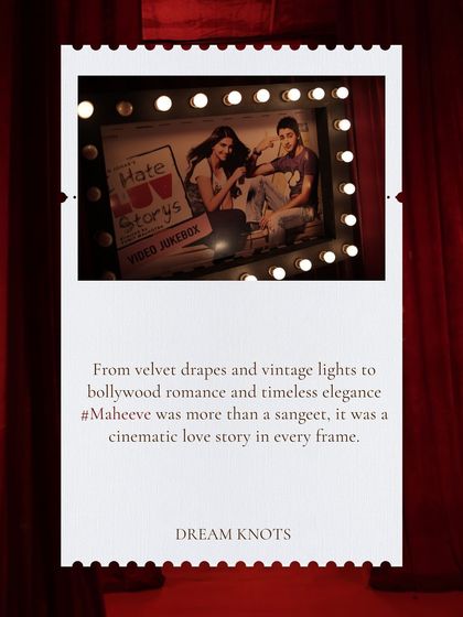 An annotated image from the cinematic Sangeet, highlighting how velvet drapes and vintage lights came together to create a love story in every frame.