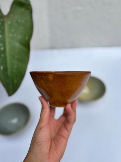 We have a few of these lovely fruit bowls available. This one is in a warm, honey-toned Languid Magic glaze.