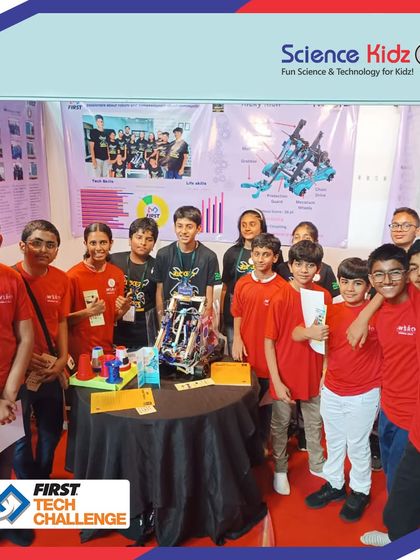 The full team with their FIRST Tech Challenge project. This display represents weeks of hard work, collaboration, and innovative thinking on creating a sustainable future city.