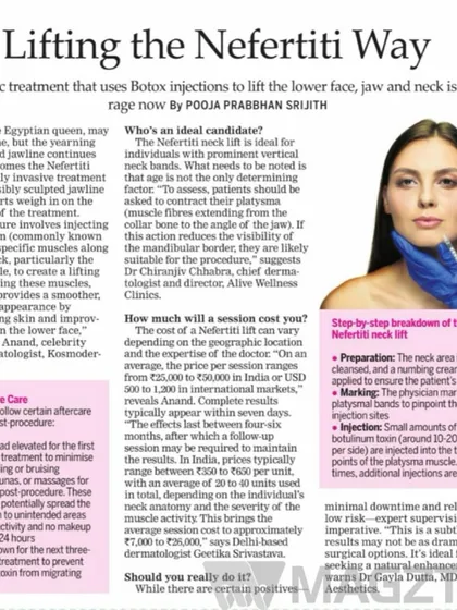 I was featured in an article discussing the Nefertiti Lift, a cosmetic treatment that uses Botox injections to lift and define the lower face, jaw, and neck.