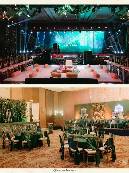 A collage of the Sangeet setup, showing the LED forest backdrop on stage and the elegant dining area with emerald green tablecloths and lush centerpieces.