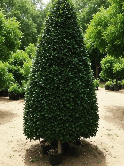 A large, cone-shaped topiary tree. These statement plants are perfect for creating a grand entrance or a formal focal point in a large garden.