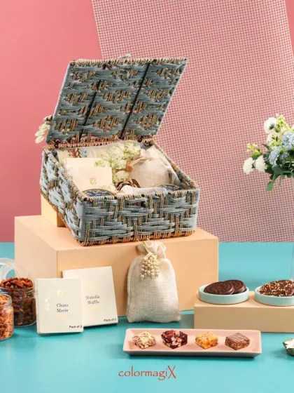Discover the charm of sustainable luxury with our eco-chic jute hampers. This beautifully woven box, filled with premium goodies, proves that thoughtful gifting can be both elegant and kind to the environment.