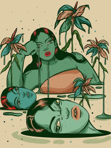 The colored 'patch' illustration for the 'Sadness' pattern, featuring weeping figures in a watery landscape.