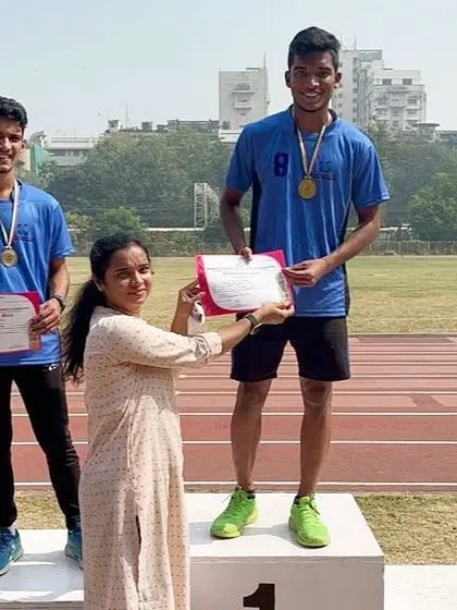 The podium for the 800m run at the Mumbai University Zonal meet, with my athletes Gagan and Harsh taking Gold and Silver.