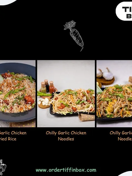 Here are some of our popular non-veg Chinese dishes. This selection includes Chilly Garlic Chicken Fried Rice, Chilly Garlic Chicken Noodles, and Chilly Garlic Egg Noodles.