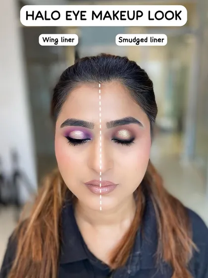 A comparison of a halo eye makeup look with a wing liner versus a smudged liner. This shows how a small change in technique can alter the entire shape and feel of the eye makeup.