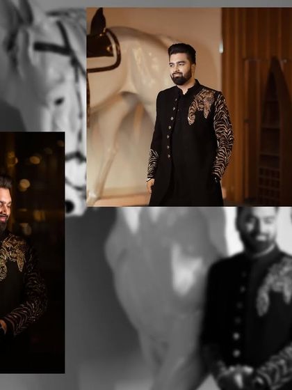 A modern and artistic collage of the groom's engagement portraits, playing with shadows, blurs, and composition for a unique look.