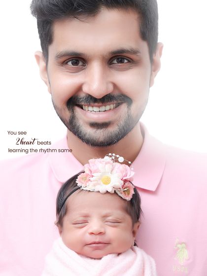 A creative portrait combining a father's smiling face with his sleeping newborn below. The image beautifully represents two heartbeats learning the same rhythm.