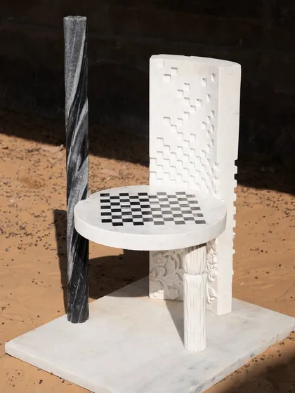 The Dori Patti chair is a piece of art that you can sit on. We took inspiration from traditional gota-patti threadwork and reimagined it in solid marble, working with our karigars in Rajasthan to carve a story of revival and reminiscence.