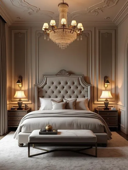 This bedroom strikes a perfect balance between classic and contemporary, with a grand tufted headboard, traditional lamps, and a sleek, modern bench.