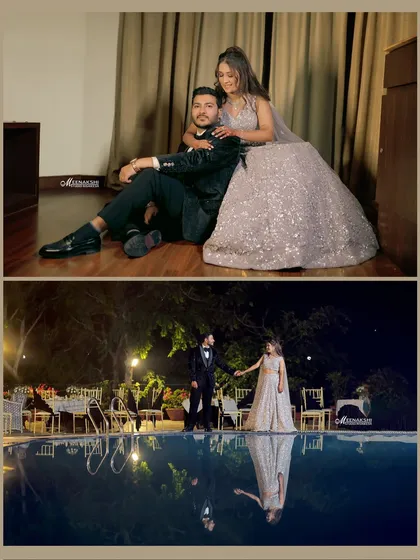 A collage showing two different moods from an engagement shoot. One is a relaxed, indoor portrait, while the other is a dramatic, wide shot by a pool at night, showcasing their reflection.