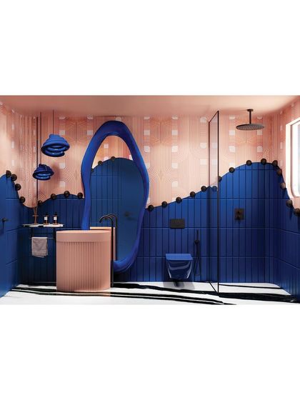 A full view of the blue and pink bathroom, a perfect example of how we use color and form to create a space that is both functional and joyfully expressive.