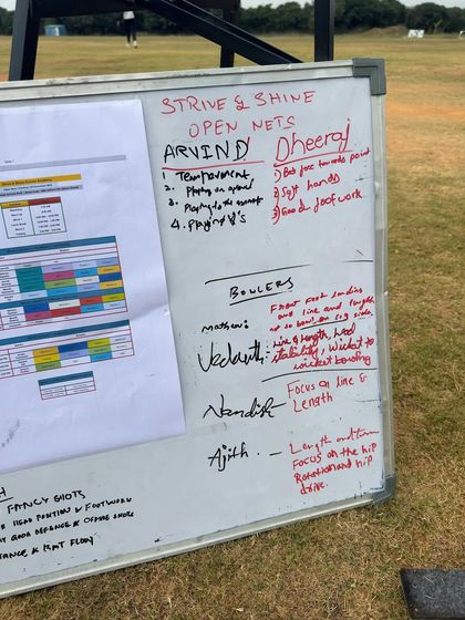This is our game plan board from an open nets session. We set specific, individual goals for each batter and bowler to ensure they are practicing with purpose and professionalism.