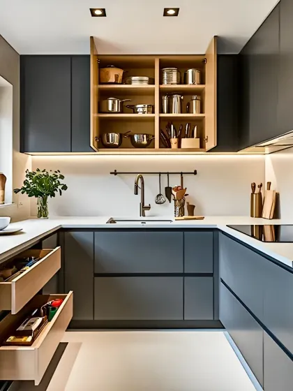 A look inside one of my modern kitchen designs, showcasing the focus on clean, handle-less cabinetry. I use high-quality hardware for smooth-operating drawers and cabinets, with custom inserts to keep everything organized and accessible.