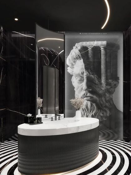 A truly artistic bathroom visualization, this render features black marble walls, a hypnotic black-and-white floor, and a dramatic graphic wall art. It demonstrates our ability to execute avant-garde and high-concept designs.