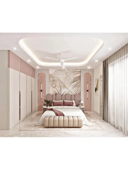 This bedroom is a sanctuary of calm, designed with a soft, blush-toned palette and sophisticated details. We integrated a floor-to-ceiling wardrobe for seamless storage and used layered lighting and textures to create a warm, inviting atmosphere for rest and relaxation.