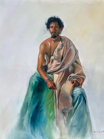 'Adhyaẏana' is a large 36x30 inch oil on canvas painting. I wanted to capture a sense of calm study and presence, focusing on the realistic rendering of the skin tones, the flow of the fabric, and the subject's direct, engaging gaze.