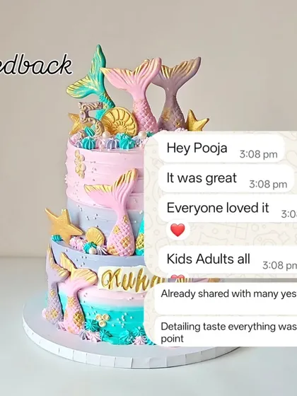 Wonderful feedback on a mermaid cake, with the client saying everyone, kids and adults alike, loved it and that the detailing and taste were on point.